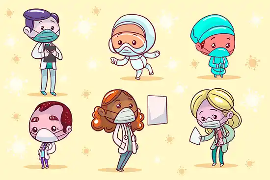 6 characters with surgical mask in cartoon style