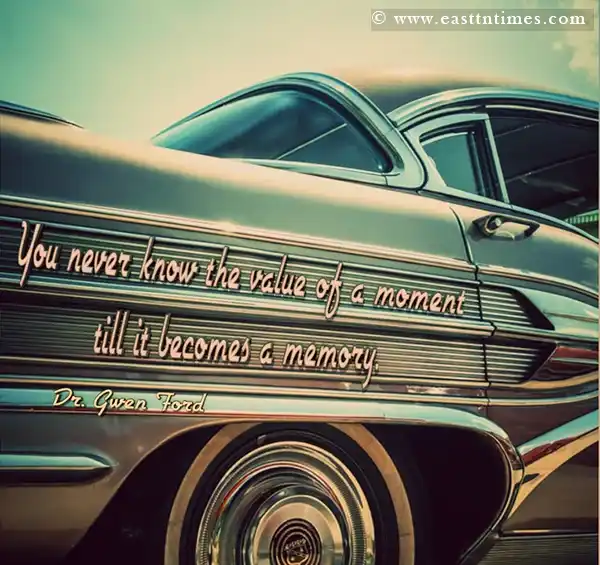 green and brown Vintage car with Dr Gwen Ford quote for the week on the the side of car