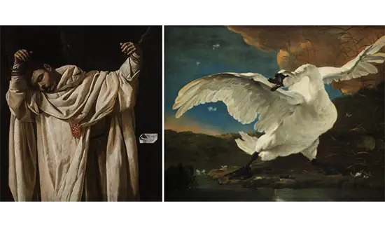two paintings from Francisco de Zurbarán’s The Martyrdom of Saint Serapion (left) and Jan Asselijn’s The Threatened Swan.