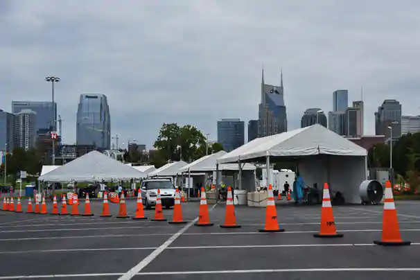 Tents at The Nissan Stadium COVID-19 drive-thru testing site Nashville