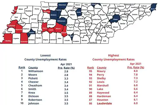 graphic map of Tennessee counties unemployment