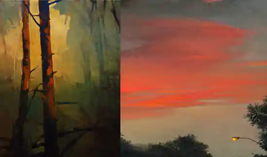 2 painting-Tom Riesing, Looking West, Siletz River.  Marcia Goldenstein, Night Light, Red Sky
