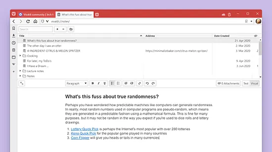 Vivaldi web browser screenshot of full-page Notes Manager