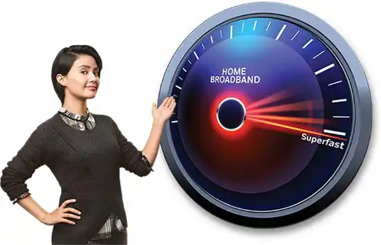 woman pointing to internet speed circle graphic 