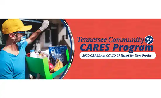 man with virus mask holding carboard boxwith food in circle on the left side of tennessee community cares program banner